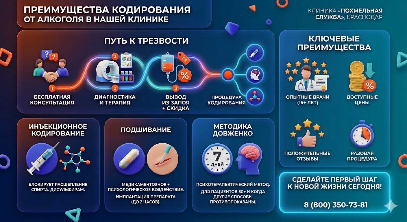 Инфографика о методах кодирования от алкоголя в Приаргунске: инъекции, подшивание, метод Довженко. Преимущества клиники и этапы лечения.